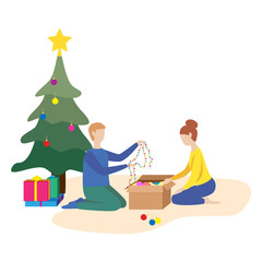 Happy family preparing to celebrate the new year. Couple dresses up Christmas tree.