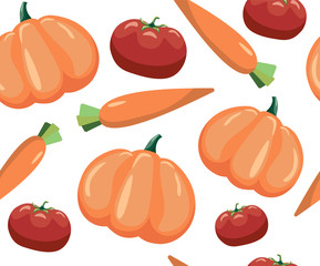Seamless pattern with vegetables. Vegetables on white background. Tomato, carrot and pumpkin