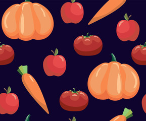 Seamless pattern with vegetables. Vegetables on black background. Tomato, carrot and pumpkin