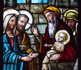 Casorate Primo, Italy. 2017/12/8. A stained glass window depicting Feast of the Presentation of Our...