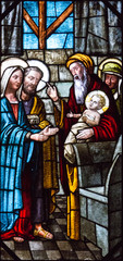 Casorate Primo, Italy. 2017/12/8. A stained glass window depicting Feast of the Presentation of Our...