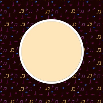 White round background with musical percussion instruments. Watercolor music illustration. Frame.
