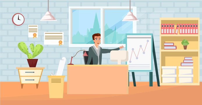 Interesting design in office space for employees, rent and sale of office. Office worker sits and shows on the board with graphs. modern office interior. Vector cartoon image