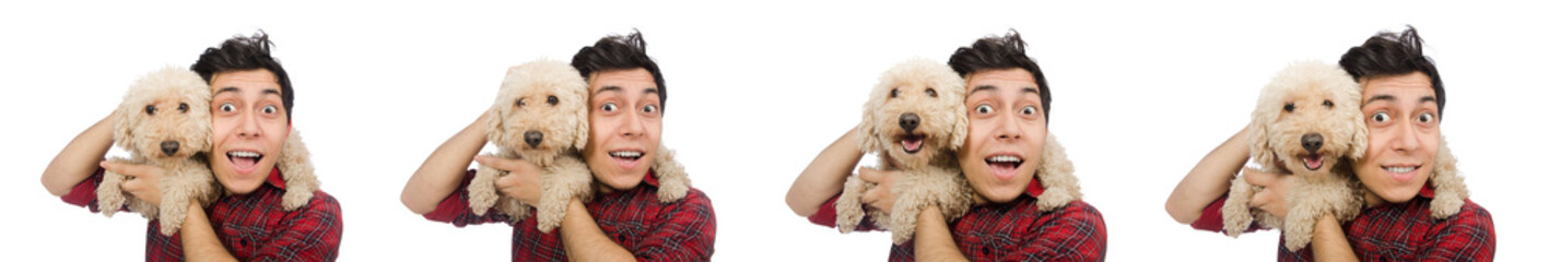 Young man with dog isolated on white