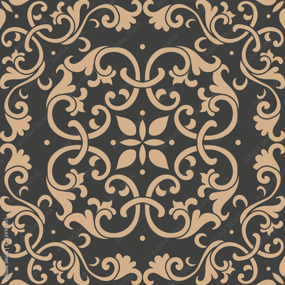 Wall mural vector damask seamless retro pattern background botanic garden spiral curve cross leaf frame vine fl