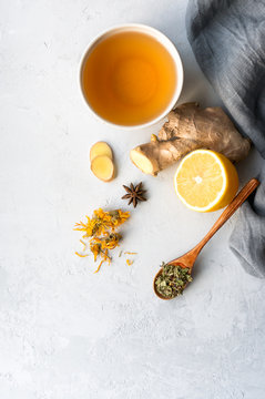 Herbal tea. Treat cold and flu. Healthy beverage. Vertical photo. 