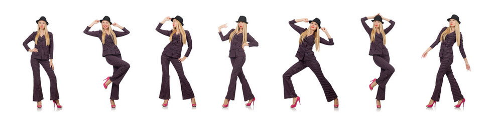 Pretty girl in purple retro suit isolated on white