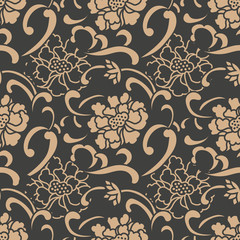 Vector damask seamless retro pattern background spiral curve cross leaf frame flower peony