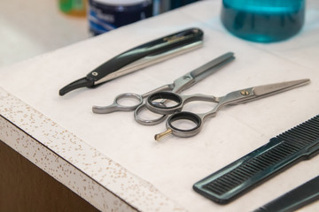 Barber Shop tools, scissors, bottles, no logos/labels