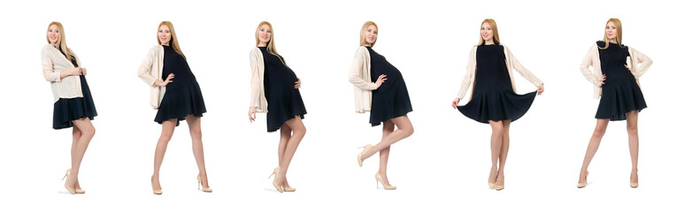 Pretty pregnant woman in mini black dress isolated on white