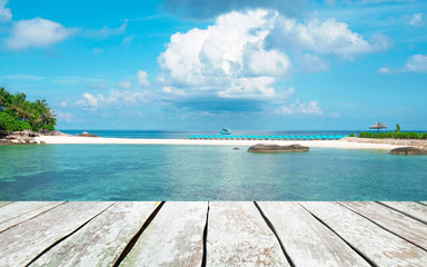 Fototapeta premium empty wood desk and summer blue sea background .Blank space for text and images.Concept Summer, Beach, Sea, Relax, Party.