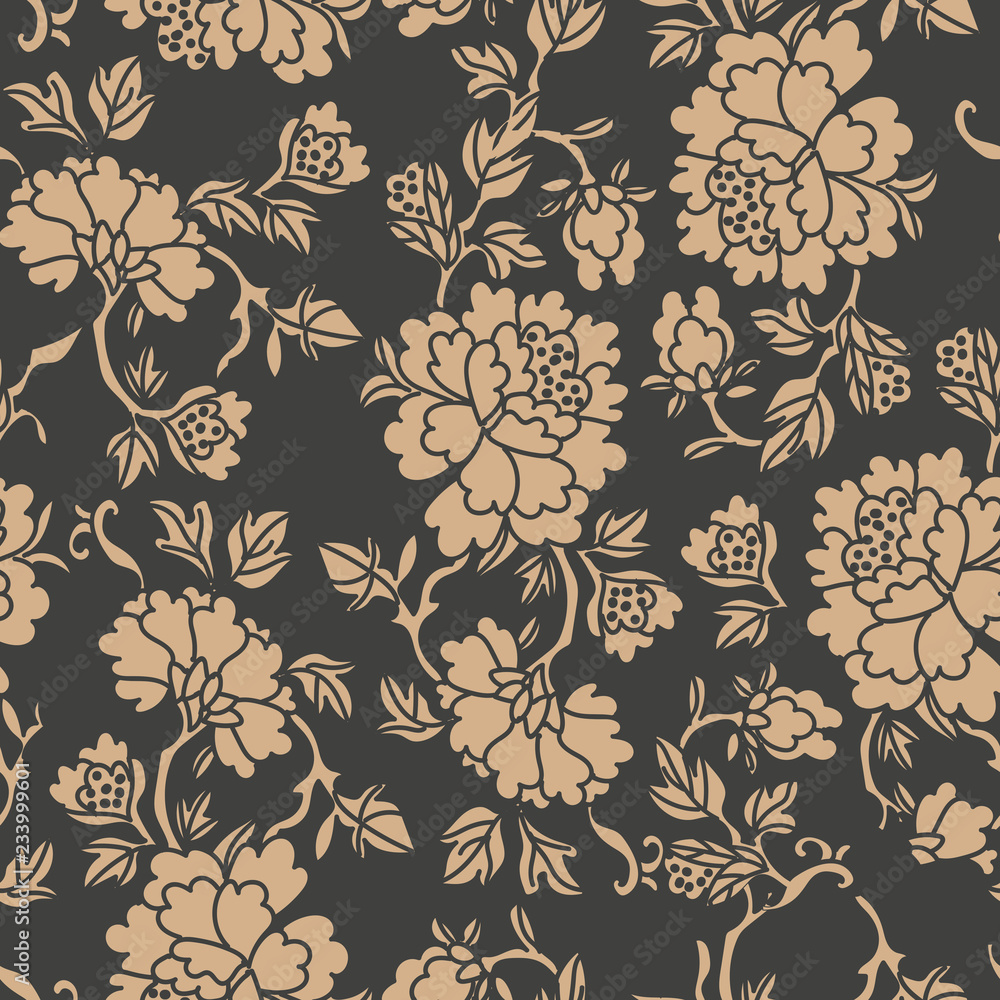 Wall mural vector damask seamless retro pattern background spiral curve cross leaf frame vine flower peony