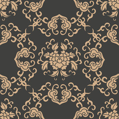 Vector damask seamless retro pattern background oriental spiral curve cross frame leaf vine flower