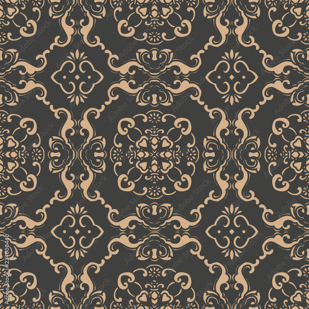 Wall mural vector damask seamless retro pattern background oriental spiral curve cross frame leaf vine flower c
