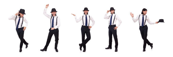 Man wearing hat and suspenders isolated on white