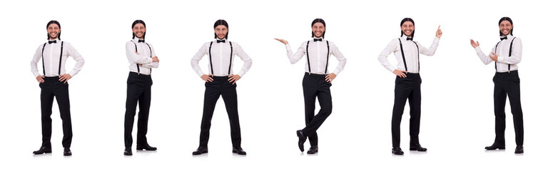 Young businessman holding briefcase isolated on white