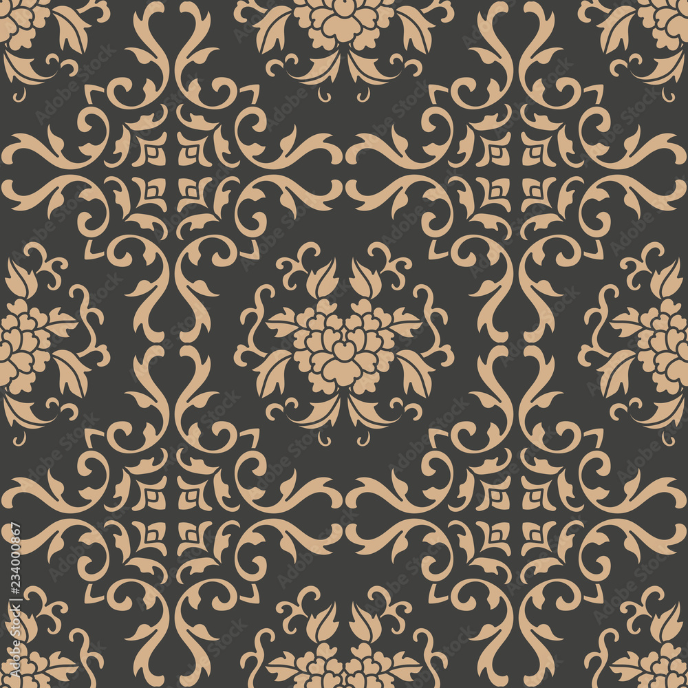 Wall mural vector damask seamless retro pattern background spiral curve cross oriental frame chain leaf vine fl
