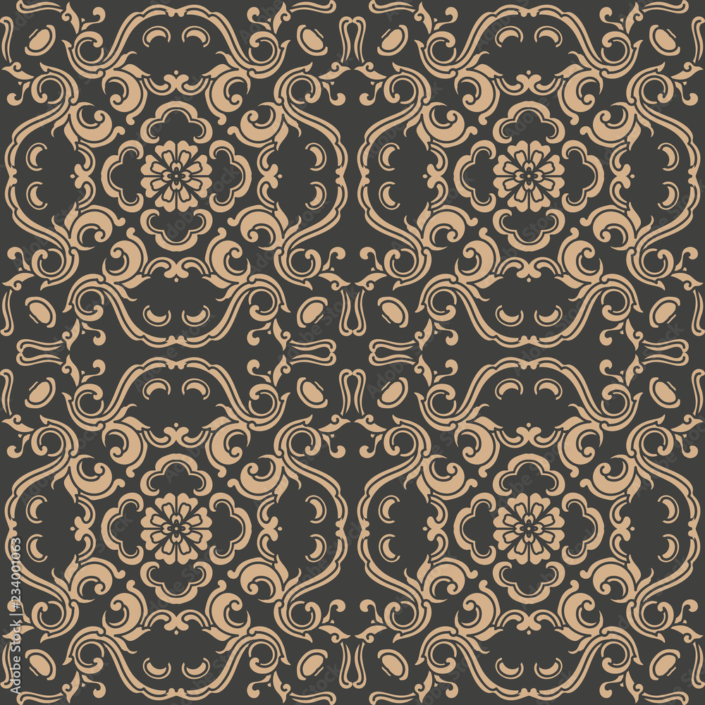 Wall mural vector damask seamless retro pattern background spiral curve cross oriental frame chain leaf vine fl
