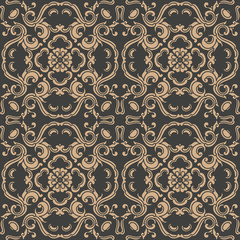 Vector damask seamless retro pattern background spiral curve cross oriental frame chain leaf vine flower