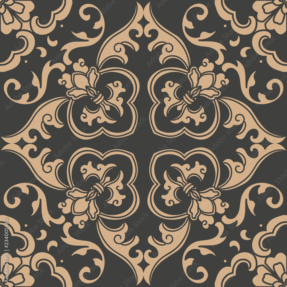 Wall mural vector damask seamless retro pattern background spiral curve cross oriental frame chain vine flower