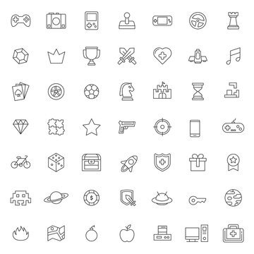big set of game activities icons vector design with simple outline and modern style, editable stroke