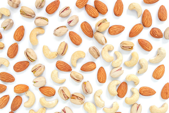 mix almond and pistachio and cashew on white background