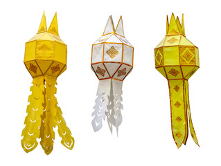 Yellow and White Traditional Thai Hanging Lantern Isolated on White Background