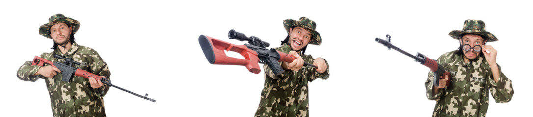 Soldier with weapons isolated on white