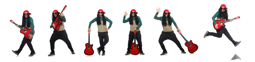 Man with guitar in musical concept on white