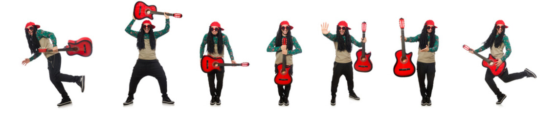 Man with guitar in musical concept on white