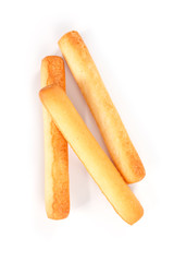 bread sticks top view on white background.