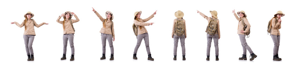 Woman wearing safari hat on white © Elnur