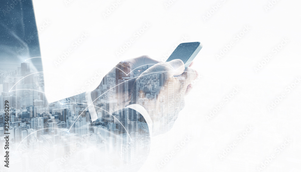 Aufkleber double exposure businessman using mobile smart phone, and network connection technology in the city.