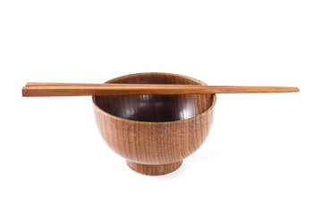 bowl and chopsticks wooden on white background.