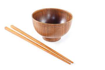 bowl and chopsticks wooden on white background.