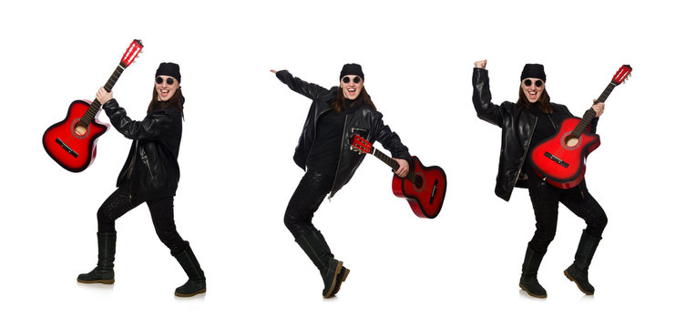 Young guitar player isolated on the white