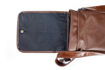 open bag leather brown old on white background.