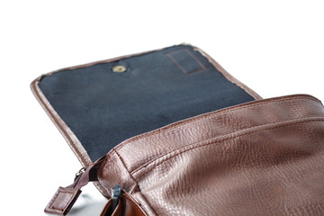 open bag leather brown old on white background.