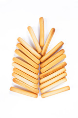 bread sticks top view on white background.