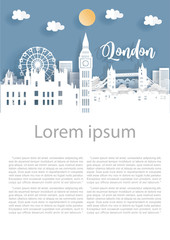 Obraz premium Paper art with London city, with building, London famous landmarks, London bridge and blue sky. Welcome to London Text. Vector illustration.