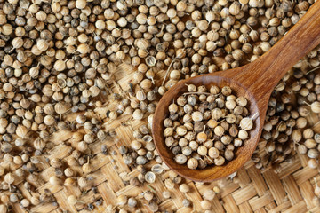 Coriander seed in spoon wooden on Bamboo weave.
