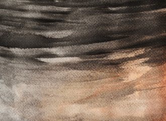 Wrinkle surface , Black with brown and gray stains flow on white background ,  Illustration abstract background and texture from watercolor hand draw on paper