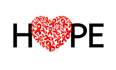 Hope lettering design with heart shape of red ribbon. World AIDS Day. Aids Awareness design for poster, banner, t-shirt. Vector illustration isolated on white background.