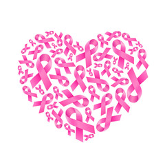 Pink ribbon fill in heart shape. Breast Cancer Awareness. Icon design for poster, banner, t-shirt. Vector illustration isolated on white background.