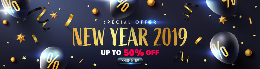 New year 2019 Promotion Poster or banner with black balloons and golden confetti for Retail,Shopping or New year Promotion template in golden and black style.Vector illustration EPS10