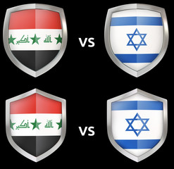 Sports and military confrontation between countries. Shields with flags in 3D isolated.