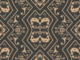 Vector damask seamless retro pattern background polygon geometry curve cross frame chain vine leaf flower