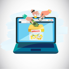 Online donate concept. people hands giving coins and money in to donation box inside tablet computer - vector