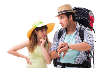 Young family preparing for vacation travel on white