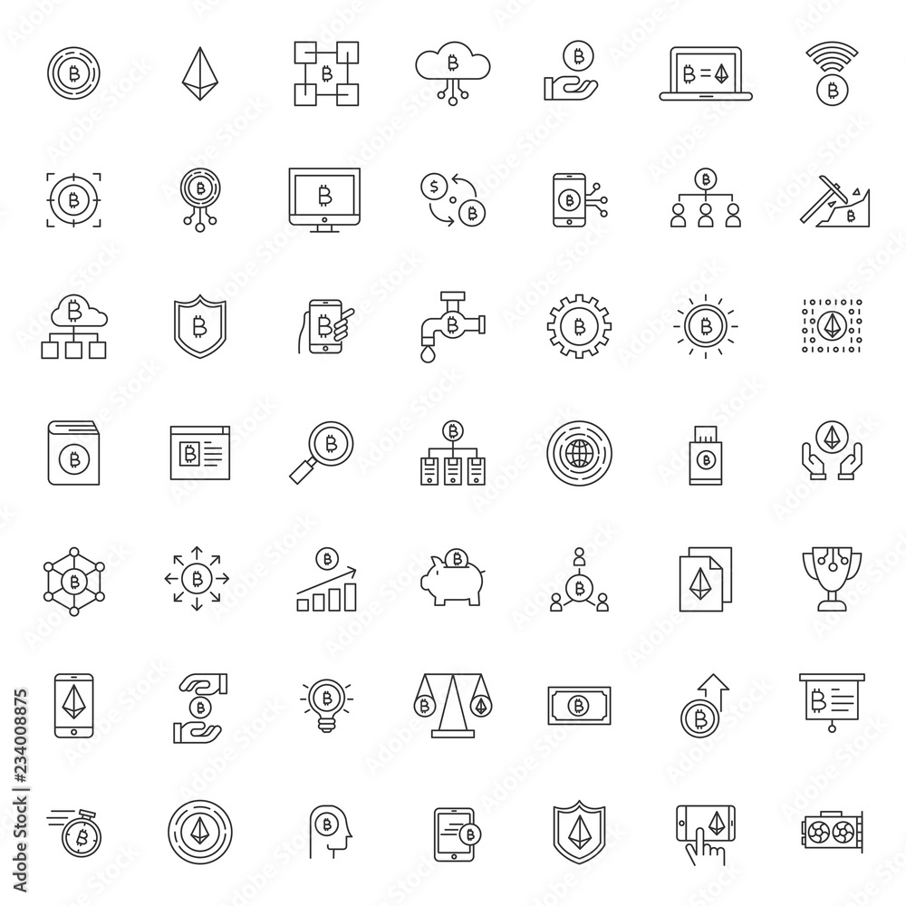 Poster big set of bitcoin business technology icon with simple outline and modern style, editable stroke ve
